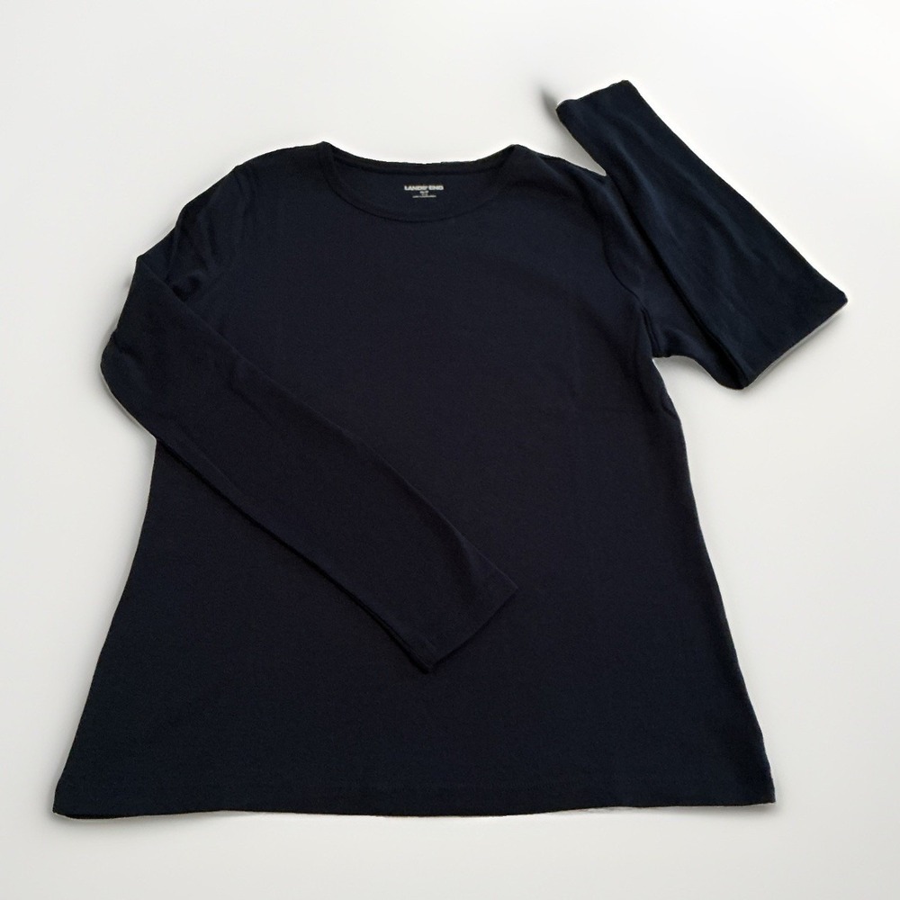 Lands End Womens Medium Petite Long Sleeve Crewneck Tee Shirt Radiant Navy New!